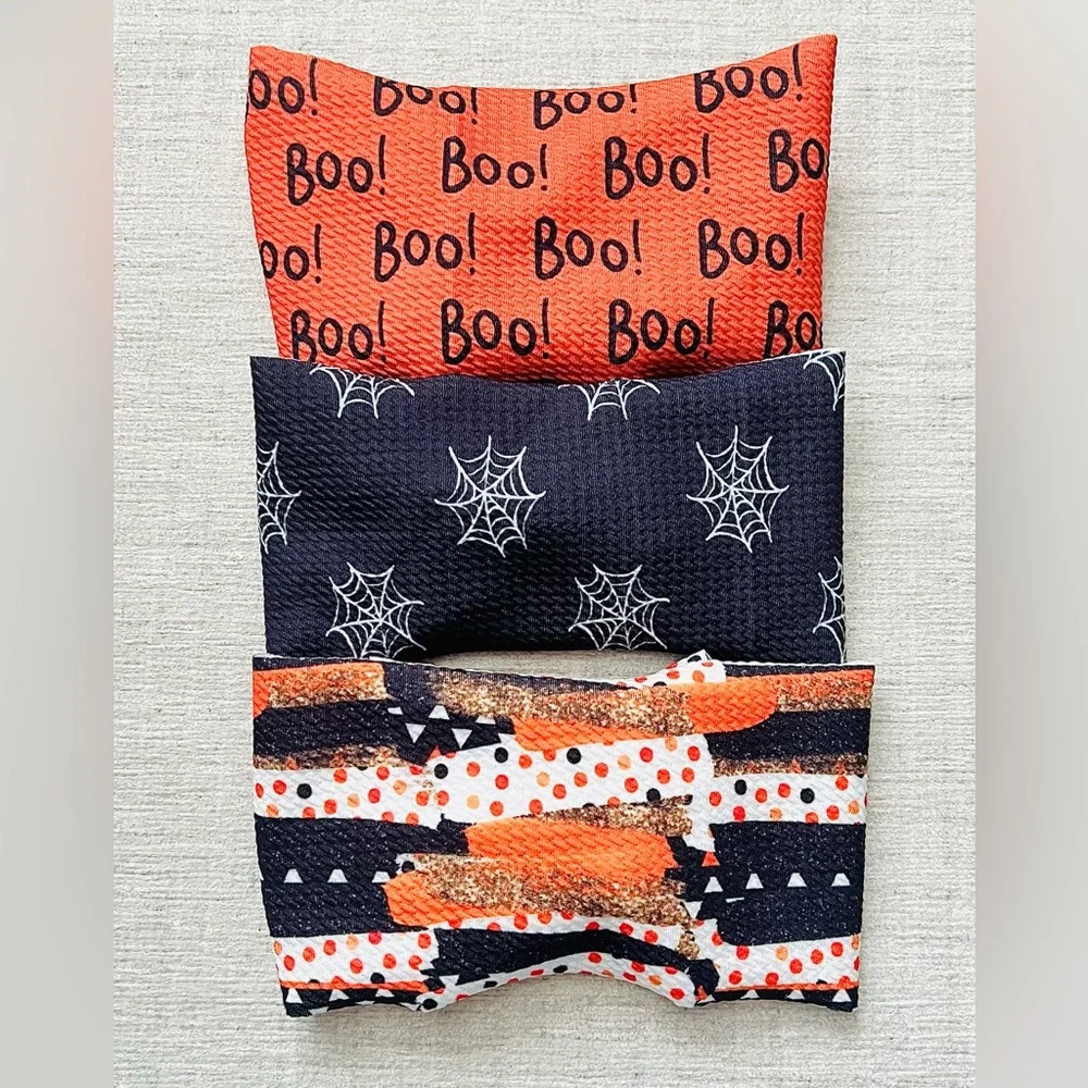 Baby Girl Headband Big Bow Halloween Set of Three with Boo and Spider Web Design